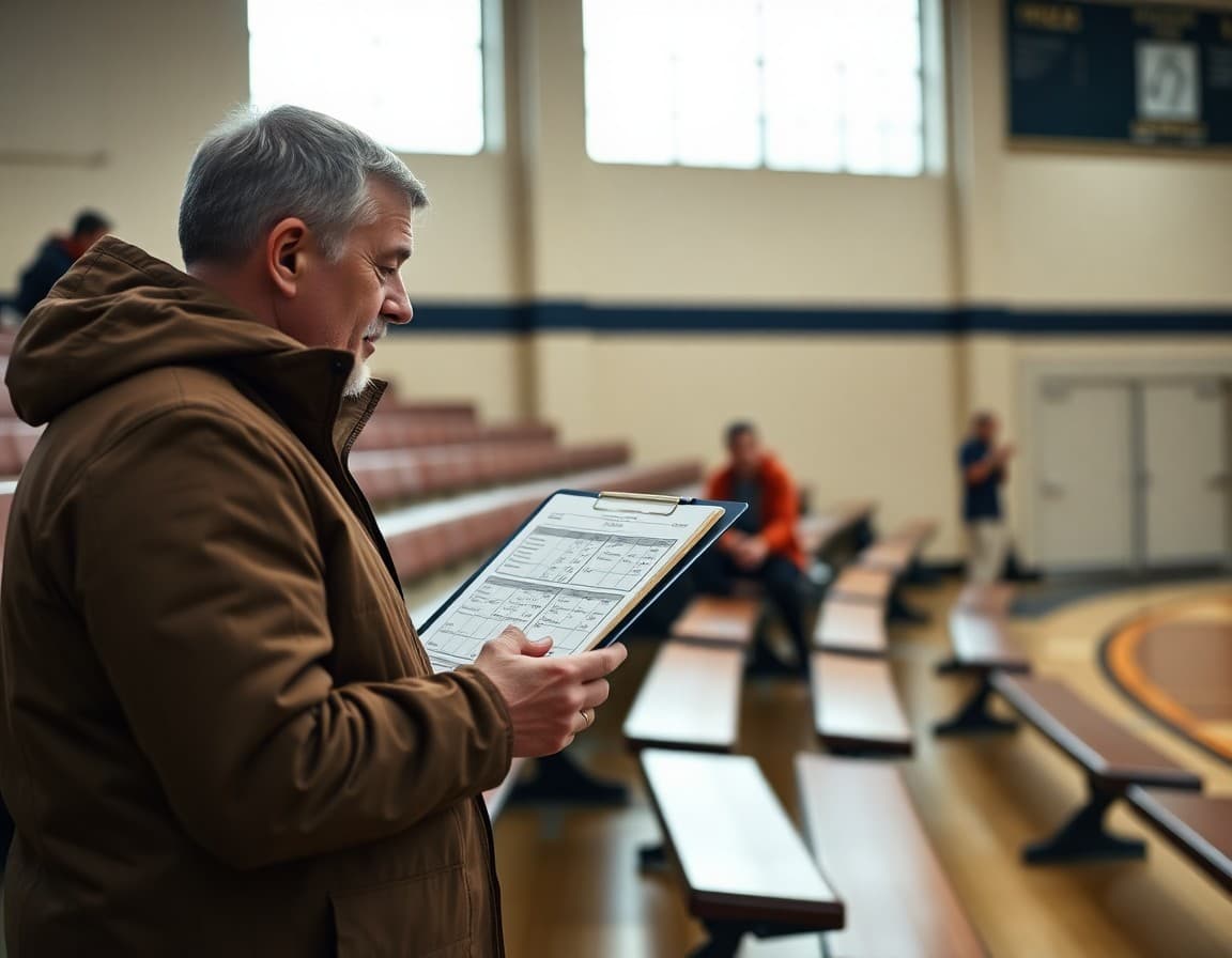 Athletic director reviewing a clipboard with winter sports schedules on a gym bleacher