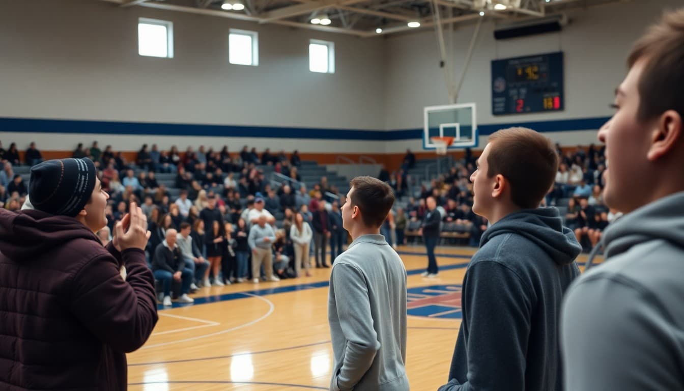 High school basketball game in a packed gym during the winter sports season with fans cheering