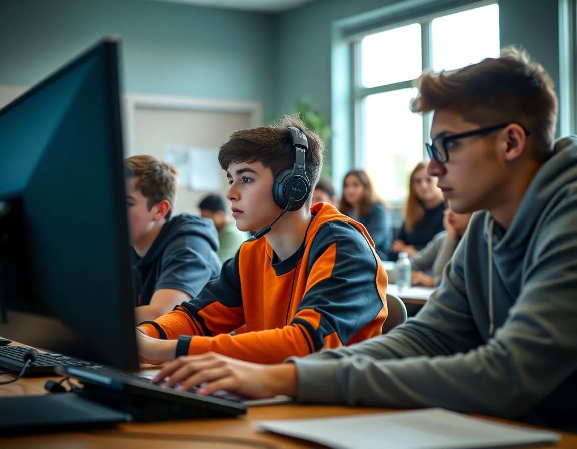 High school esports players at competition with coaches reviewing strategy and parents watching