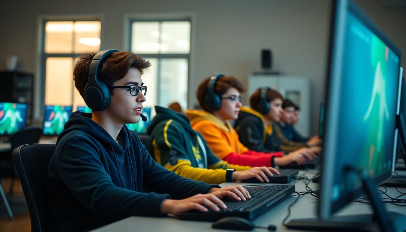 Esports team competing in school esports tournament at gaming stations in computer lab
