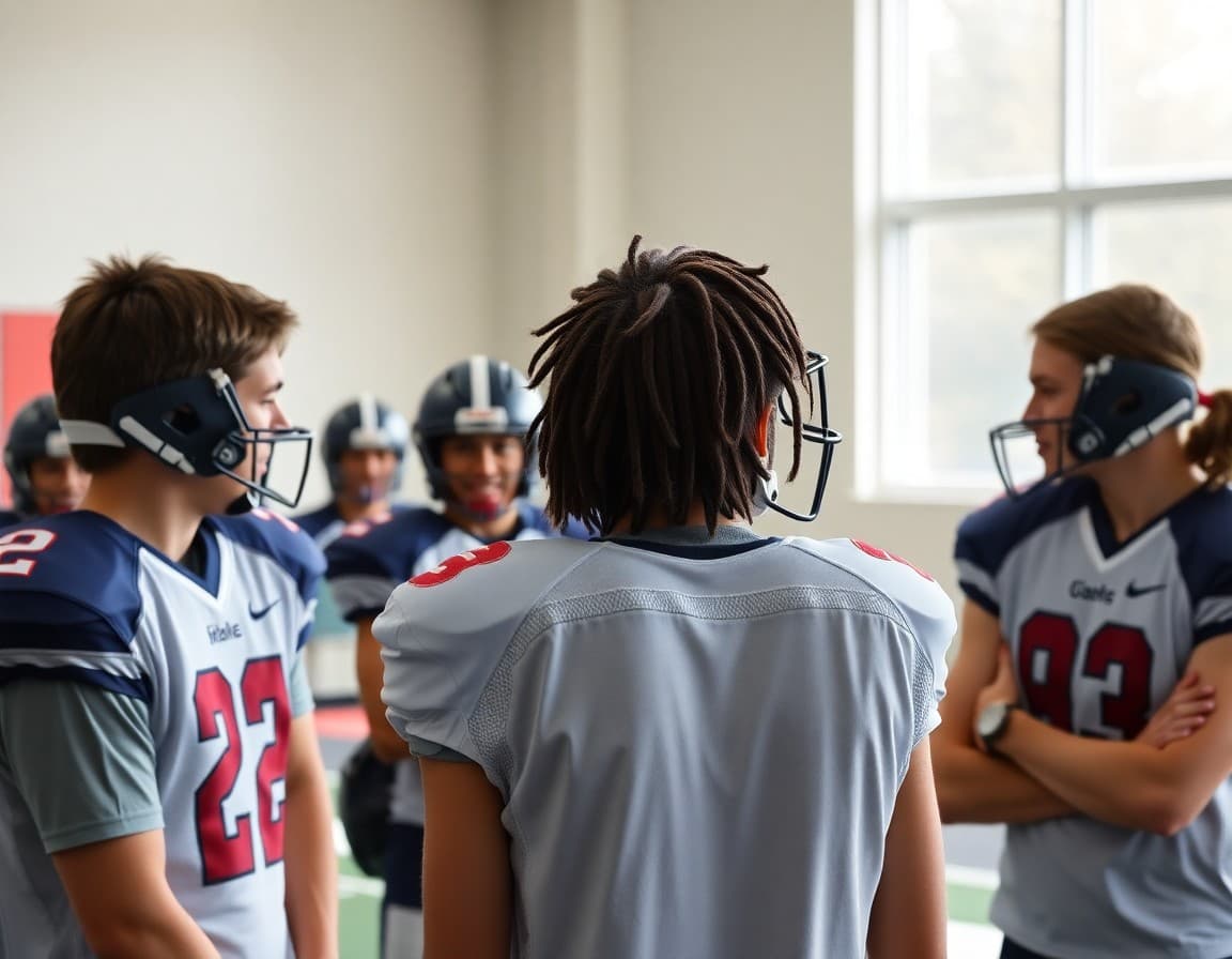 Varsity football and cross country teams at first fall practice with coaches reviewing season plans