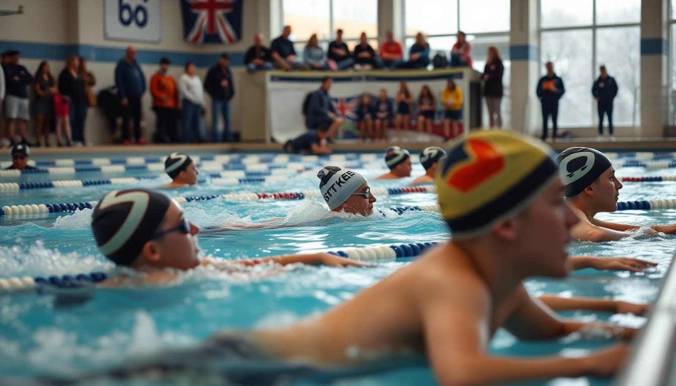 High school swimmers competing in a winter championship meet with coaches and families watching from the stands