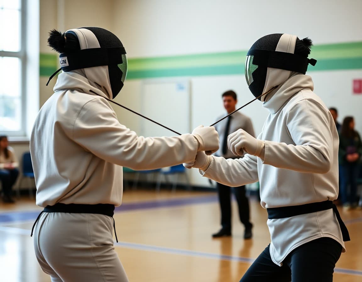 Two fencing club students in competition gear during a scored bout with referee