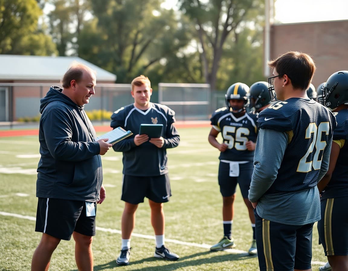 Football coach with clipboard reviewing plays with players on practice field