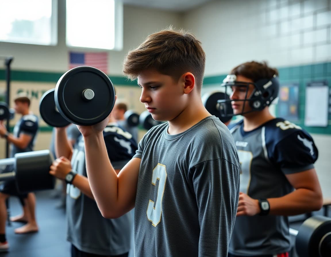 High school football players lifting weights in a school weight room during offseason