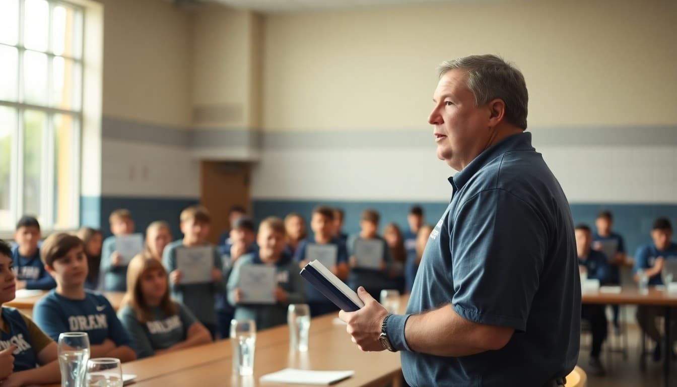 Football coach presenting awards at an end-of-season banquet in a school cafeteria