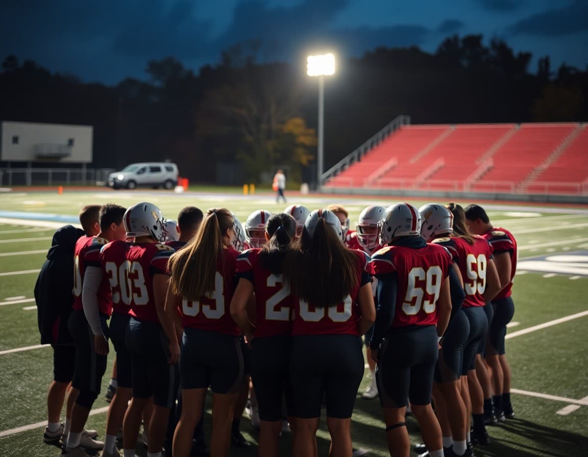 Football team huddle under stadium lights on a Friday night in October