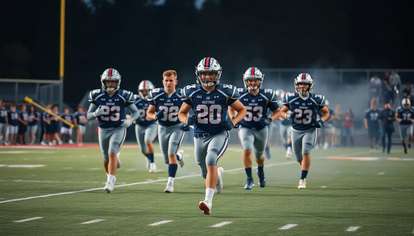 Senior football players running onto field during Senior Night ceremony