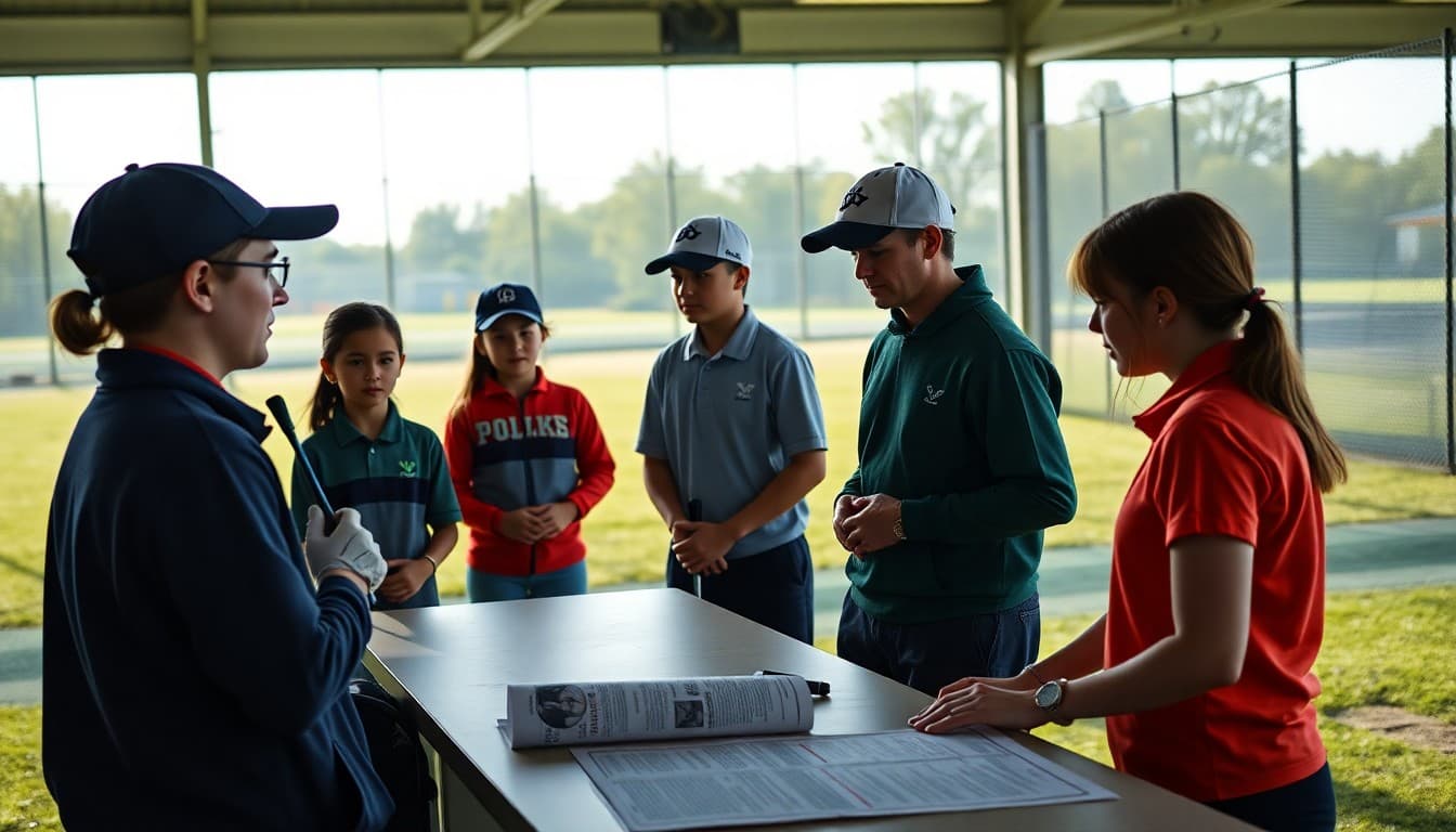 Golf team at driving range with coach and family newsletter distributed to parents
