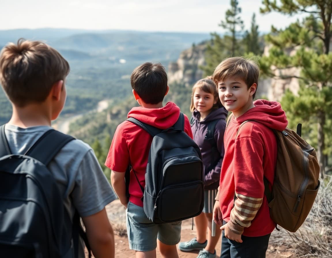 Hiking club students at scenic overlook during school outdoor adventure hike