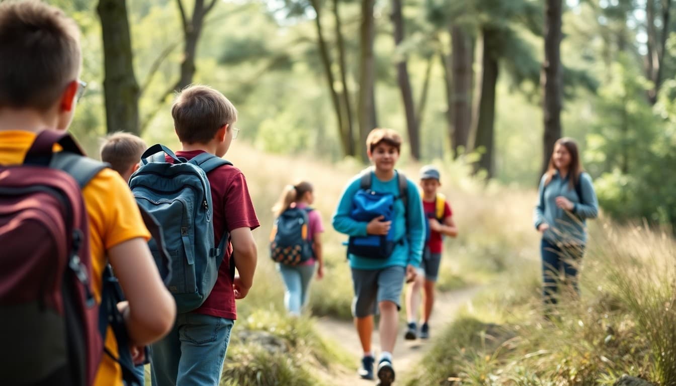 School hiking club students on trail with backpacks and teacher leading outdoor adventure