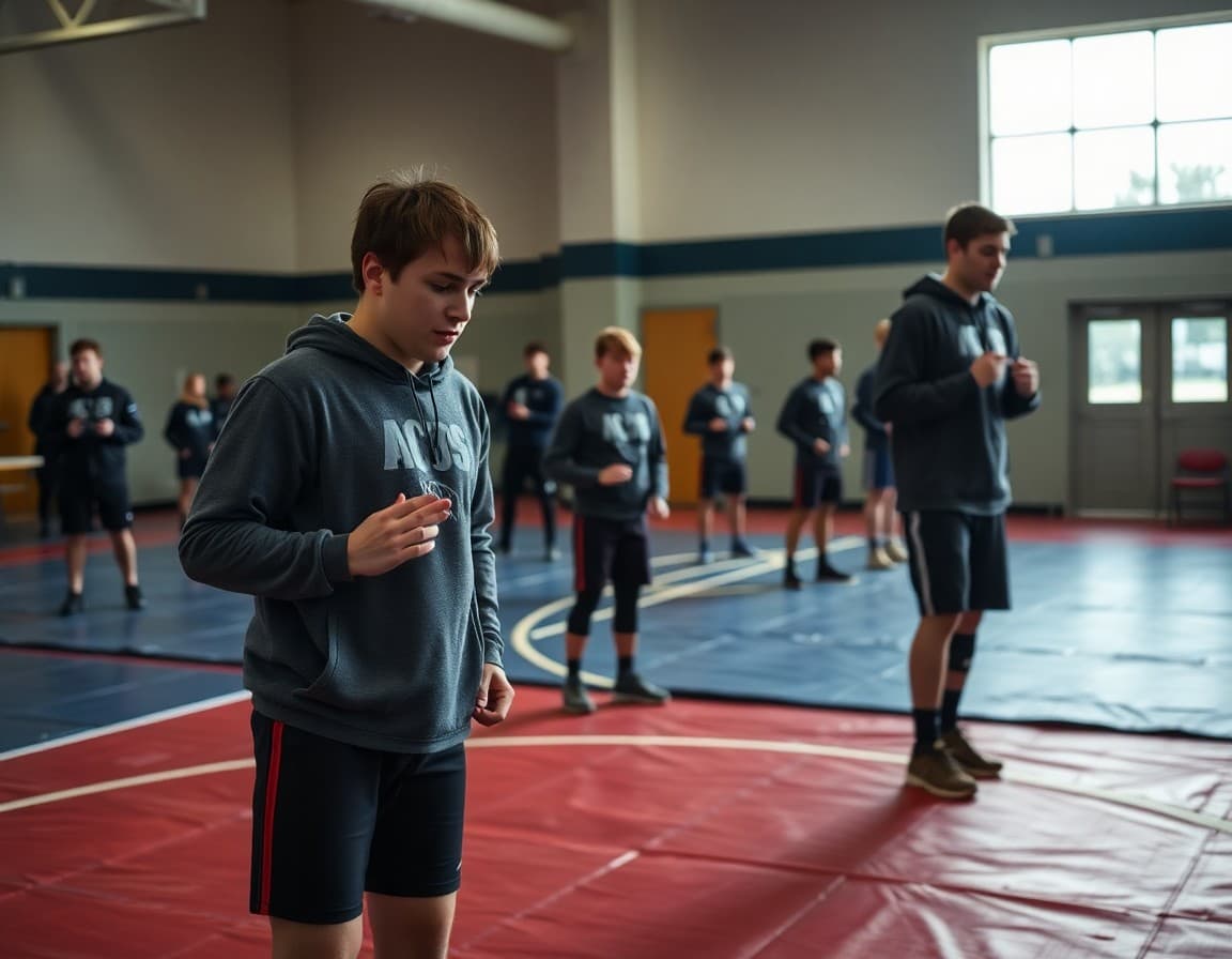 High school wrestlers warming up on mats during a winter sports practice session in January