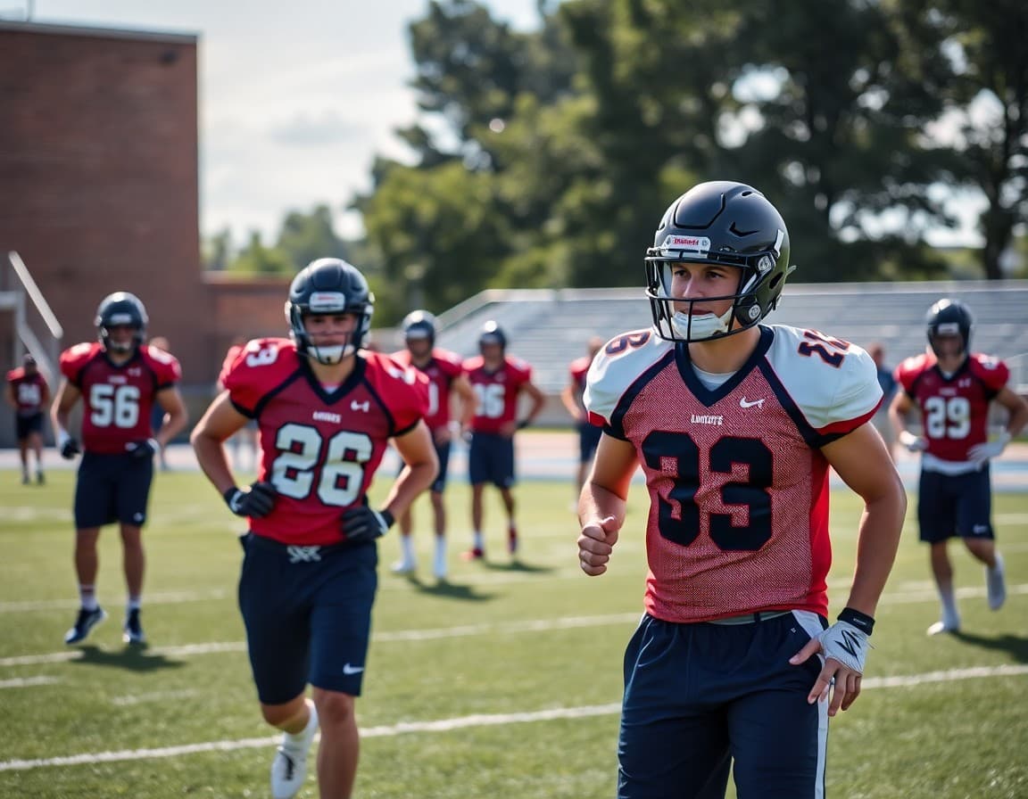 Football players in summer conditioning drills on a high school practice field