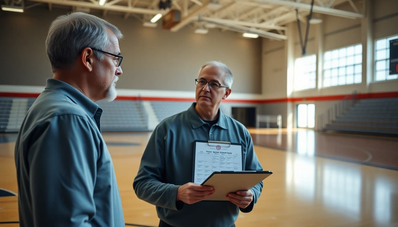 Athletic director with clipboard reviewing fall sports schedule in an empty gymnasium