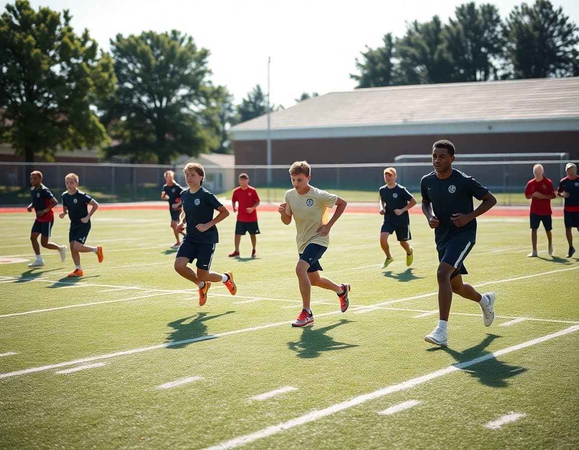 Student athletes in summer conditioning session on a school football field