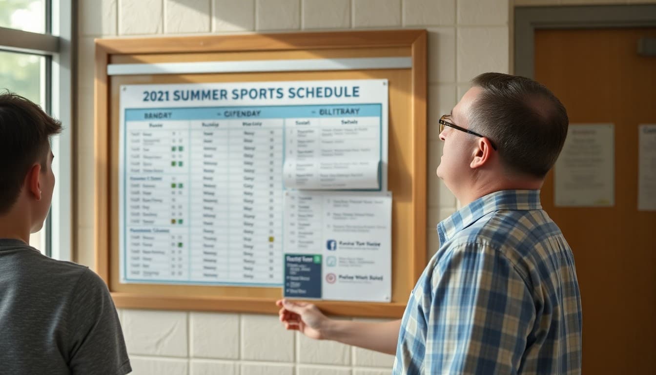 Athletic director posting summer sports schedule on a school bulletin board