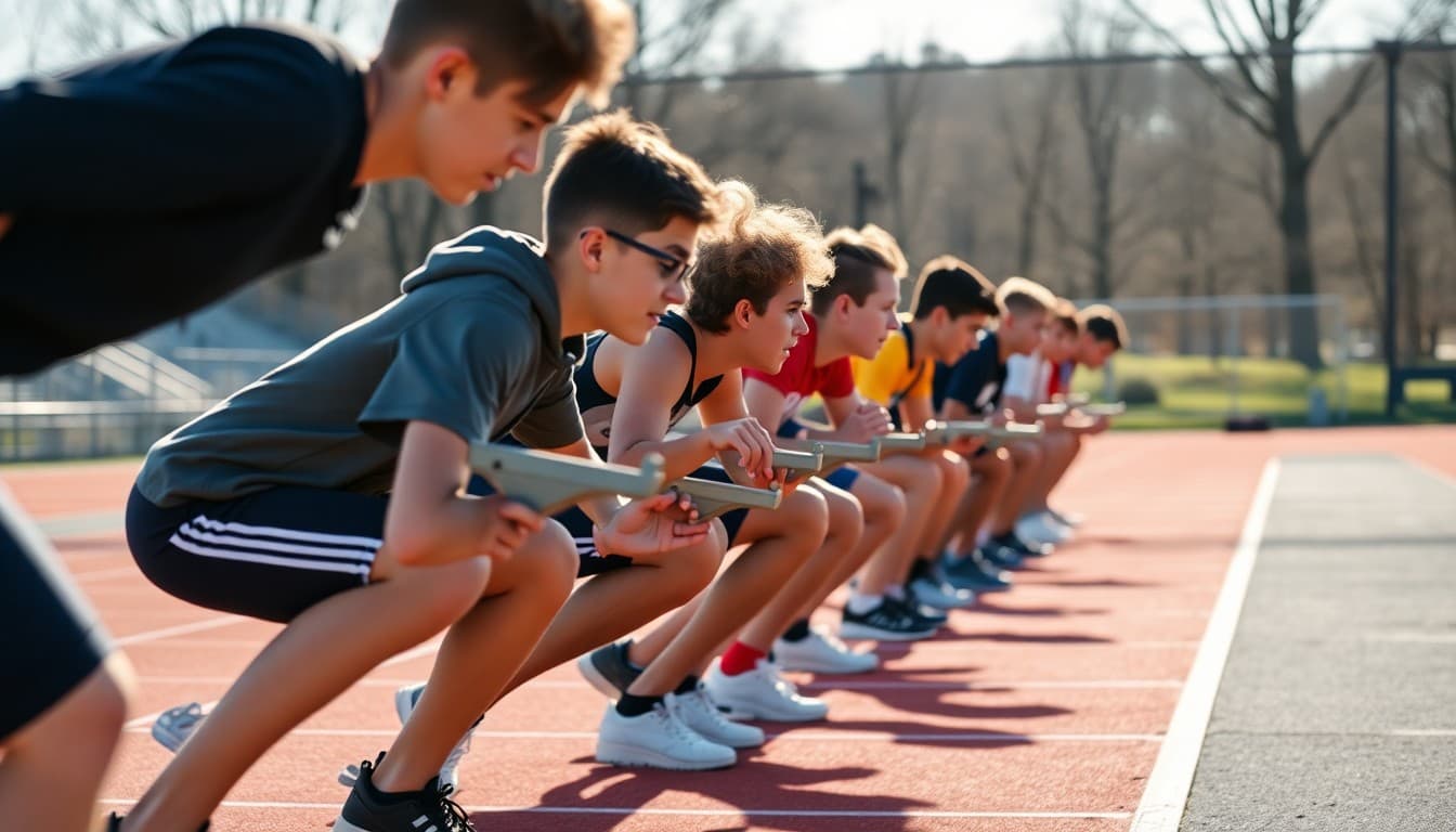 High school track athletes at the starting blocks for a spring outdoor practice session in March sunshine