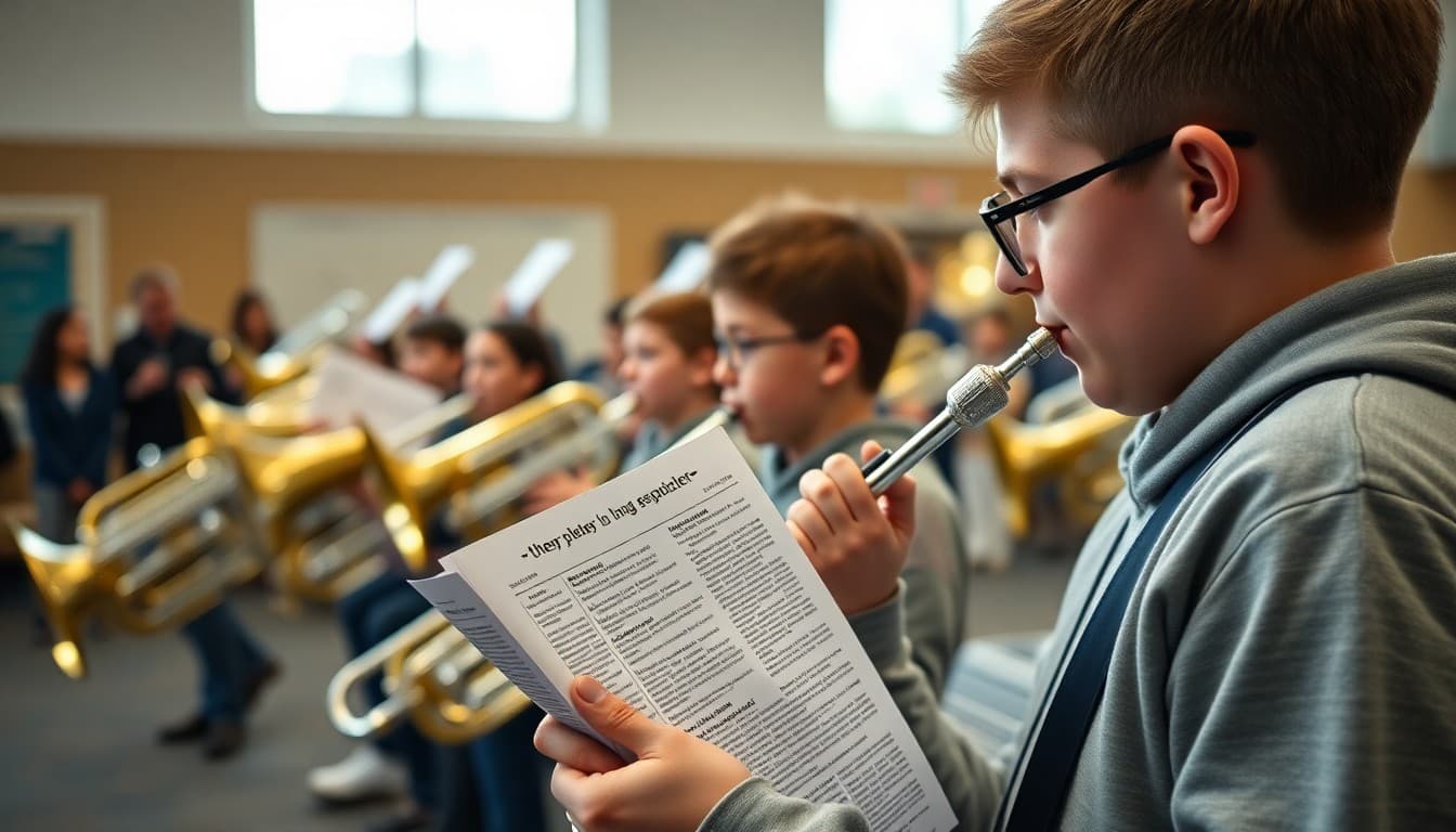 Marching band at practice with newsletter distributed to families watching rehearsal
