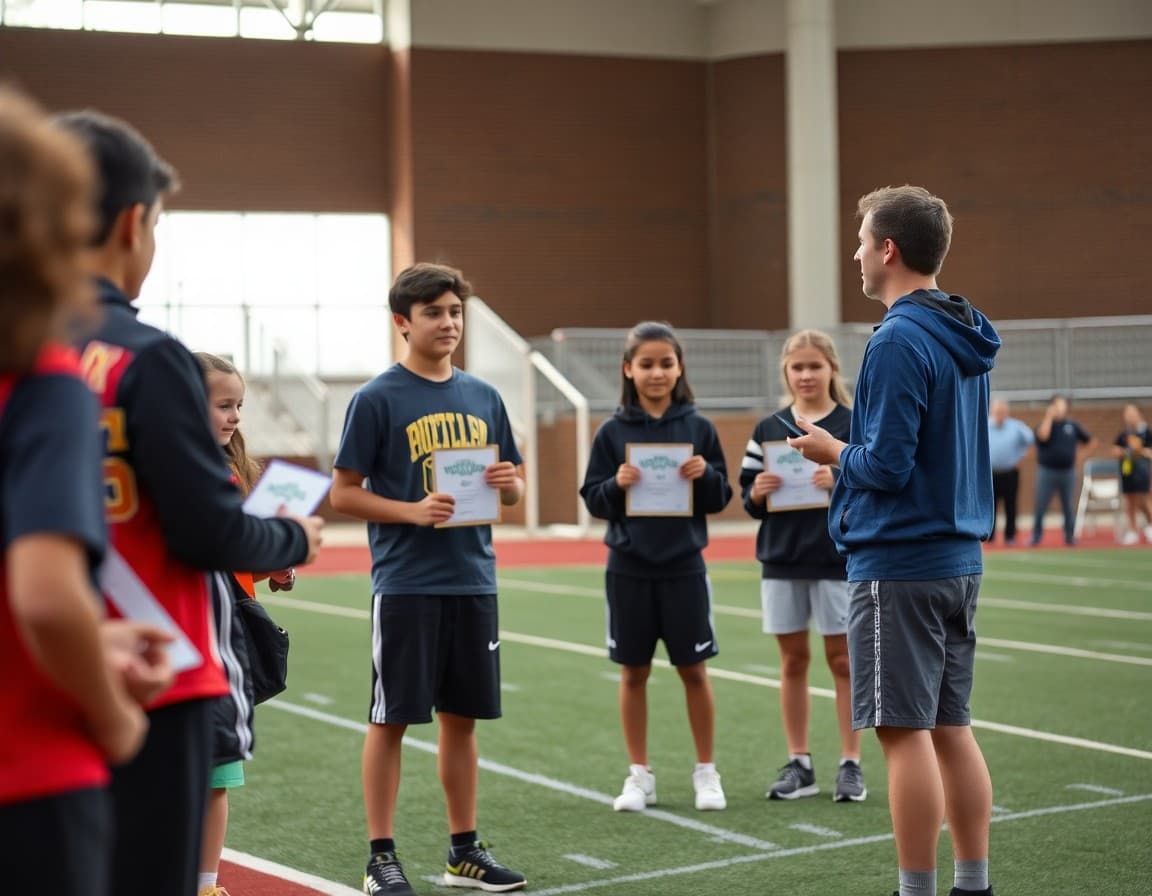 Coach handing out end-of-season awards to student athletes on a track field