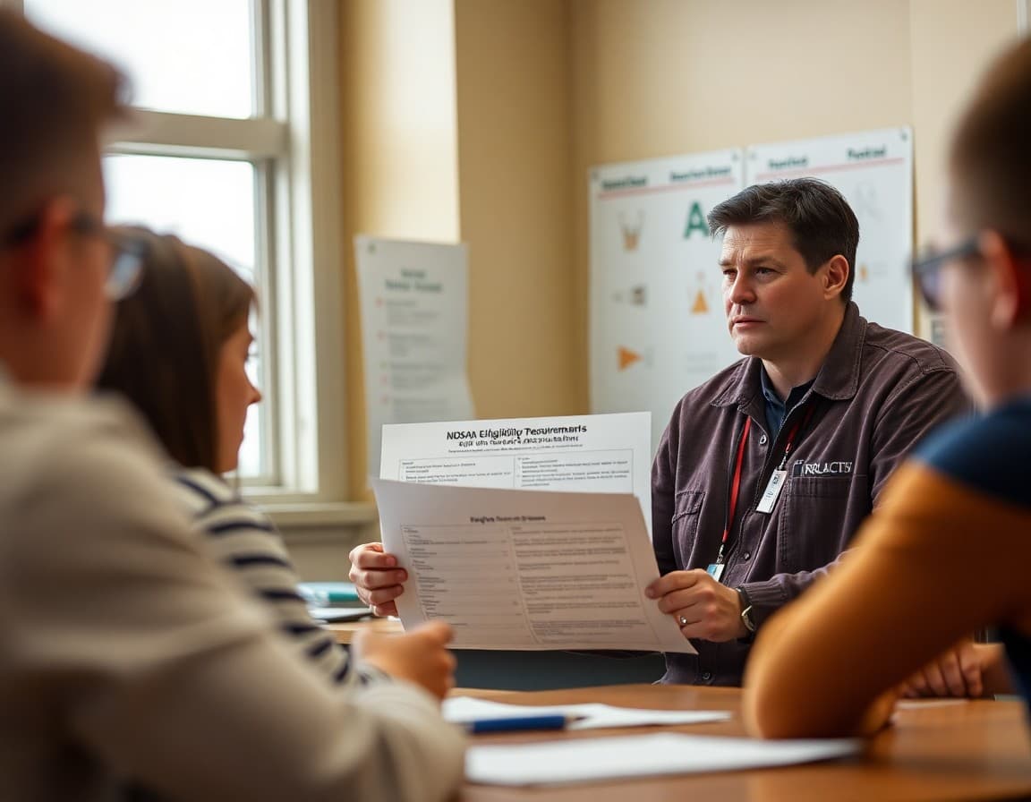 Athletic director reviewing NDHSAA eligibility requirements at a North Dakota high school