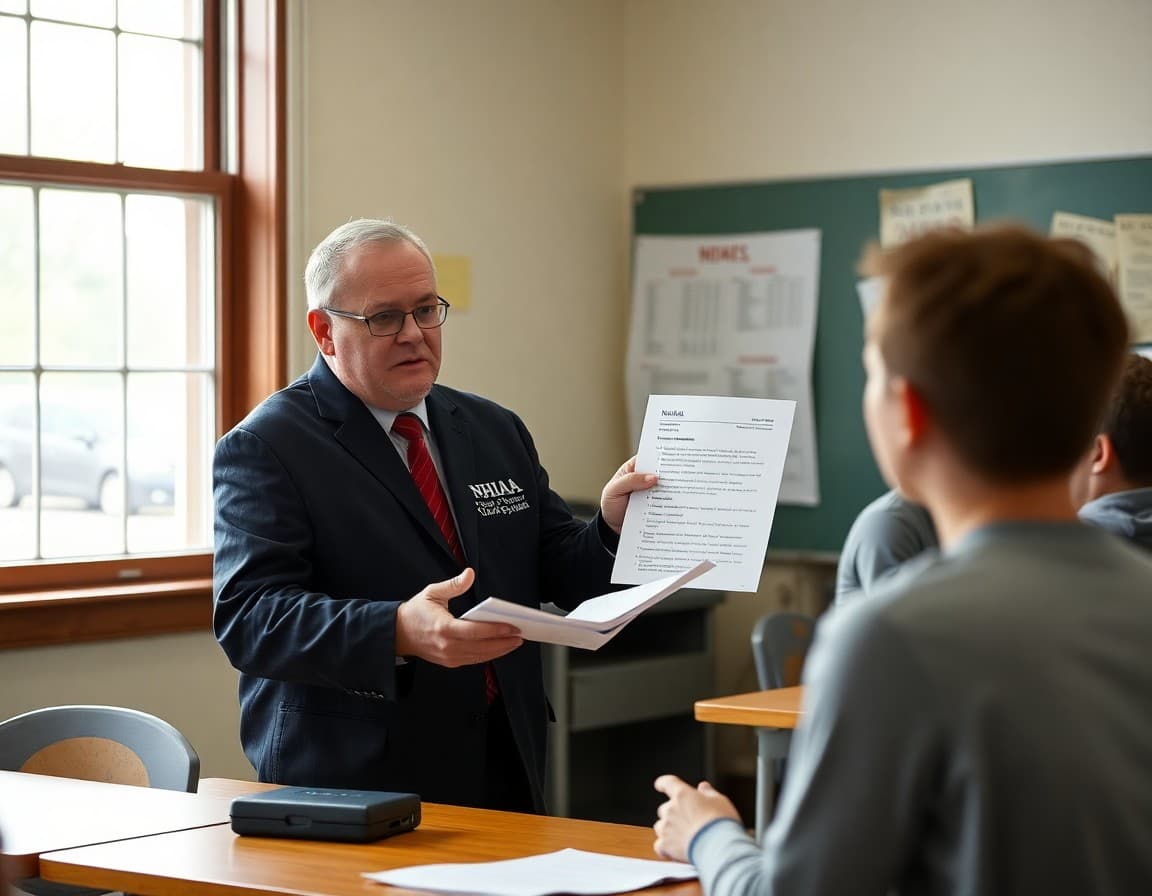 Athletic director reviewing NHIAA eligibility requirements at a New Hampshire high school