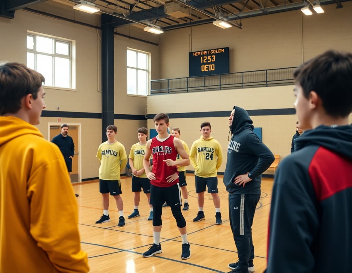 High school winter sports team in a gym during a pre-season workout session with coaches observing