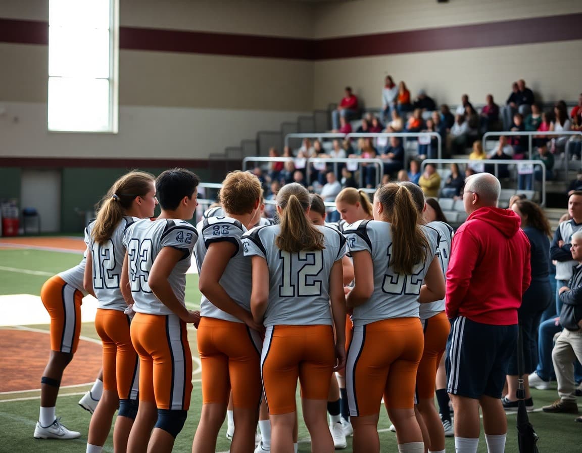 High school athletes in a huddle during a fall sports game with parents watching in the stands
