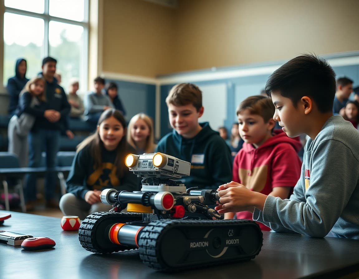 High school robotics students at competition with robot and families watching from stands