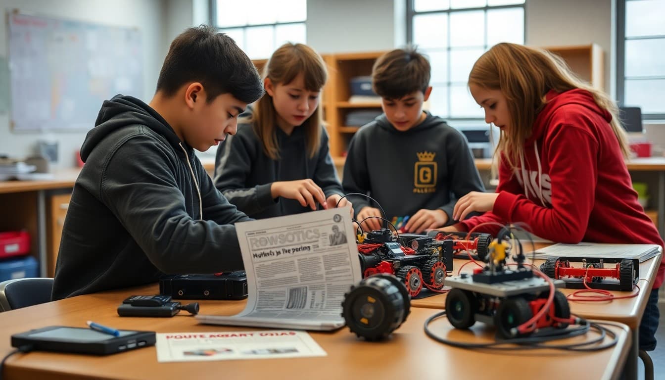 Robotics team working on robot build with newsletter for parents on workshop table