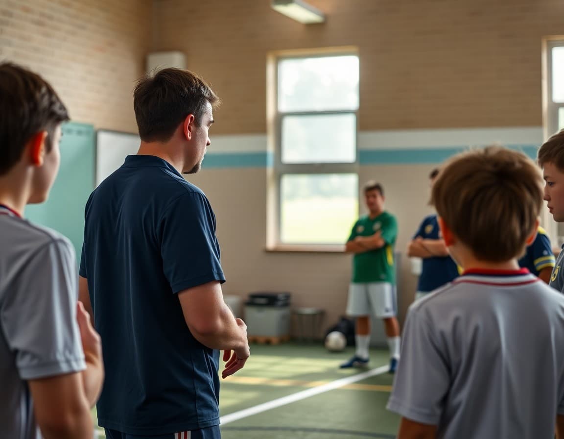 Soccer coach reviewing lineup with players during August preseason training