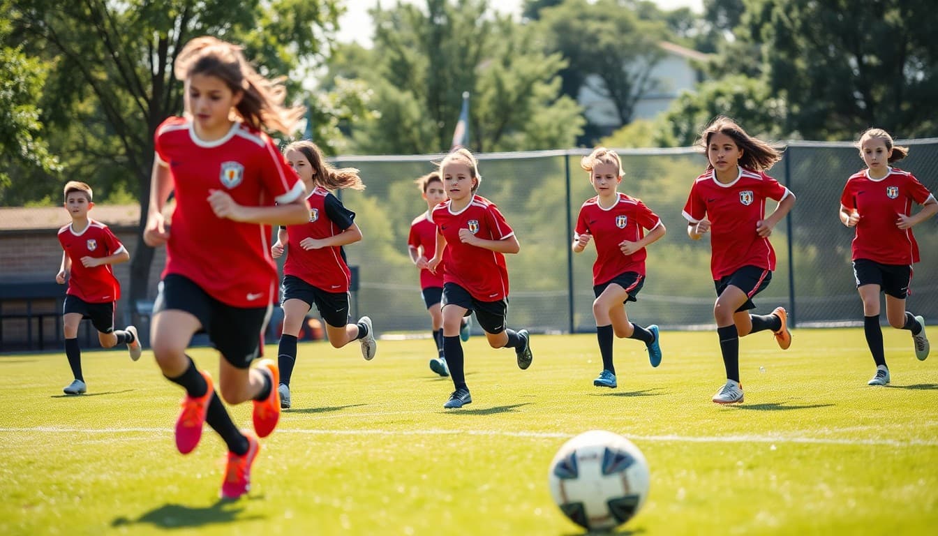 High school soccer players running preseason drills on a grass field in August heat