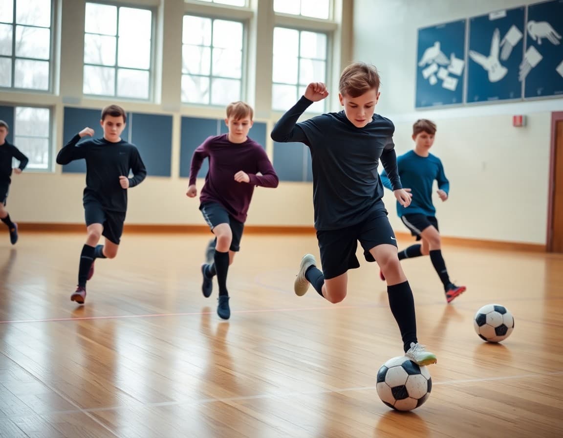 Soccer players doing indoor conditioning drills in a school gymnasium in January