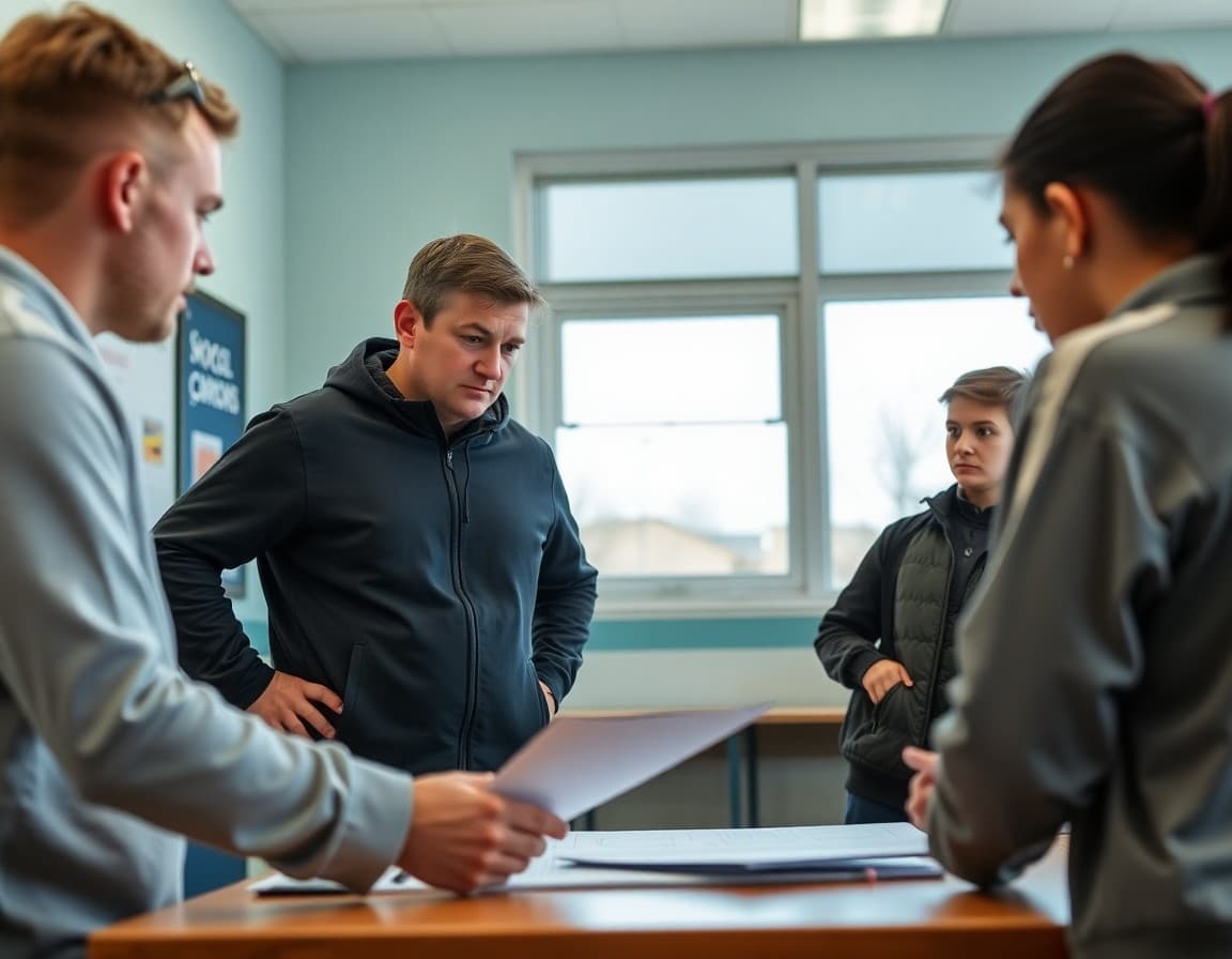 Soccer coach reviewing spring practice plans with assistant coaches