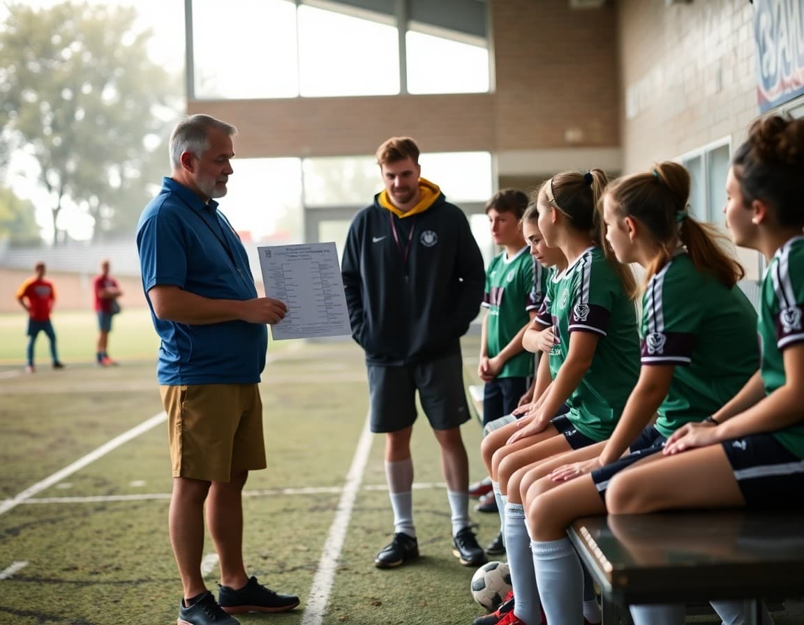 Soccer coach reviewing playoff bracket with players on a sideline bench