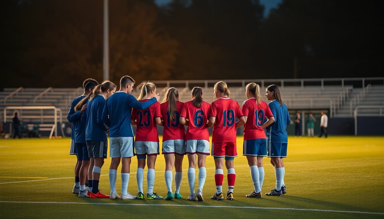 Soccer team in huddle during a October conference match under stadium lights