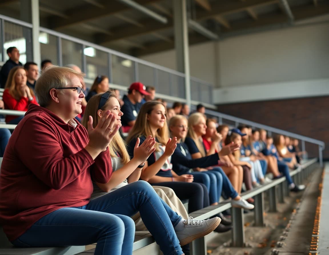 Soccer parents cheering in bleachers during a high school match in September