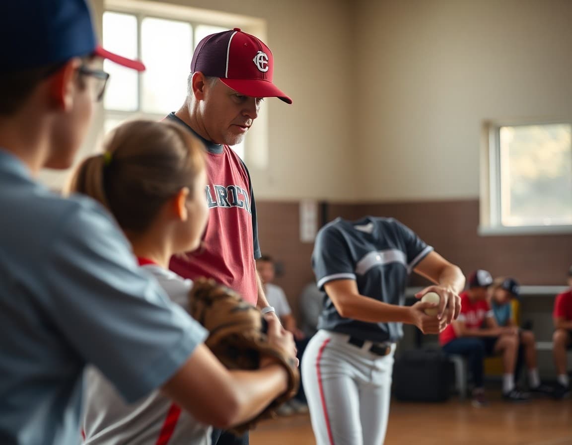 Softball coach working with pitcher on mechanics at fall practice session