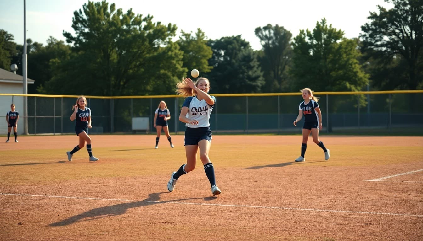 Softball players doing fielding practice on a school diamond in August