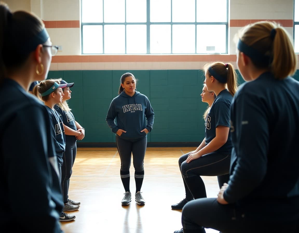 Softball coach reviewing lineup with players at indoor winter practice
