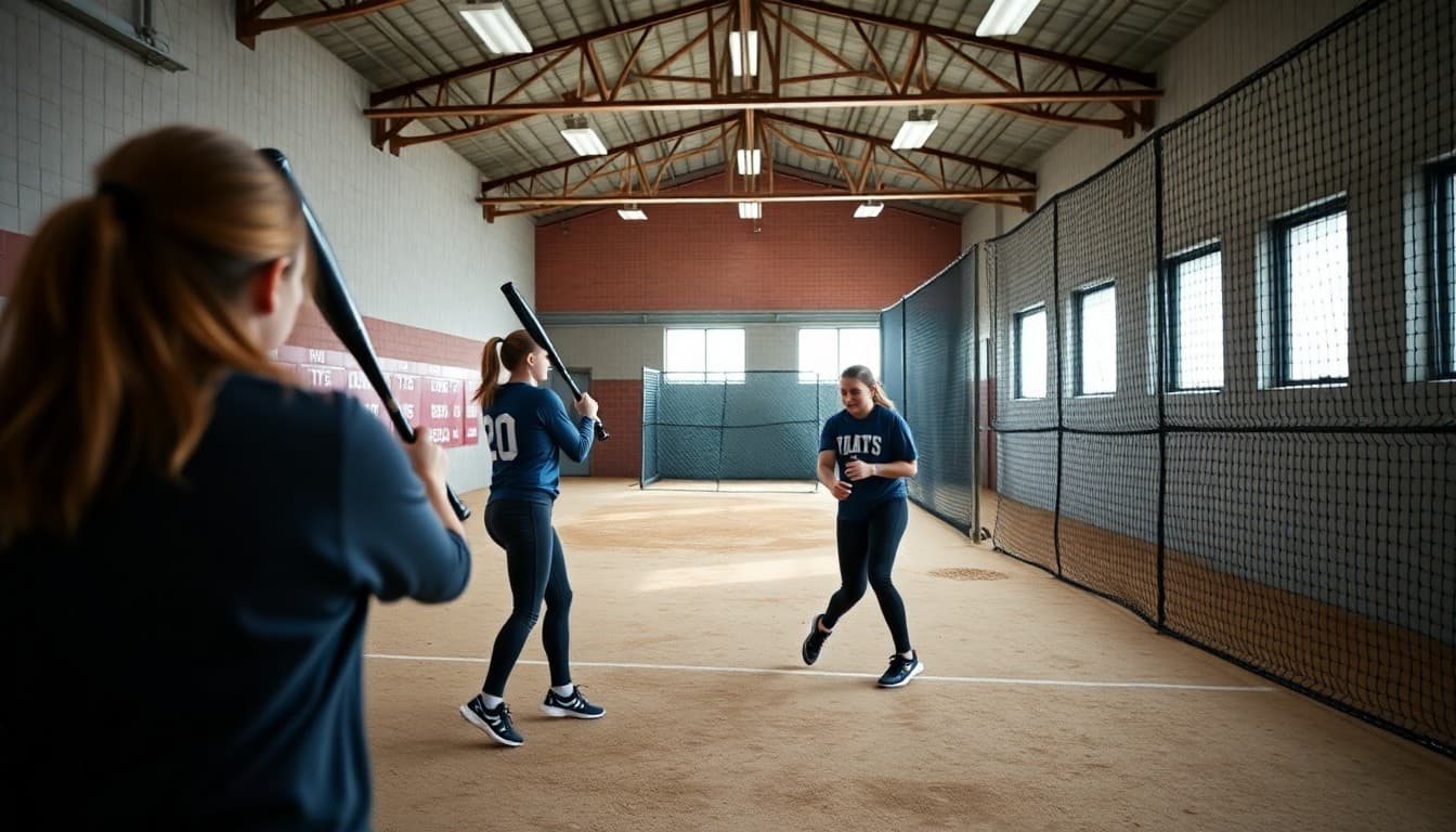 Softball players in indoor hitting facility preparing for spring season in January
