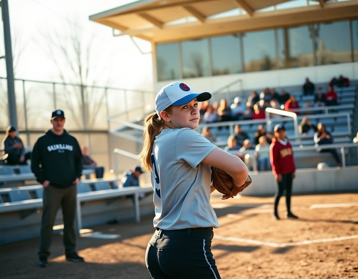 Softball pitcher warming up on a sunny March game day with bleachers filling up