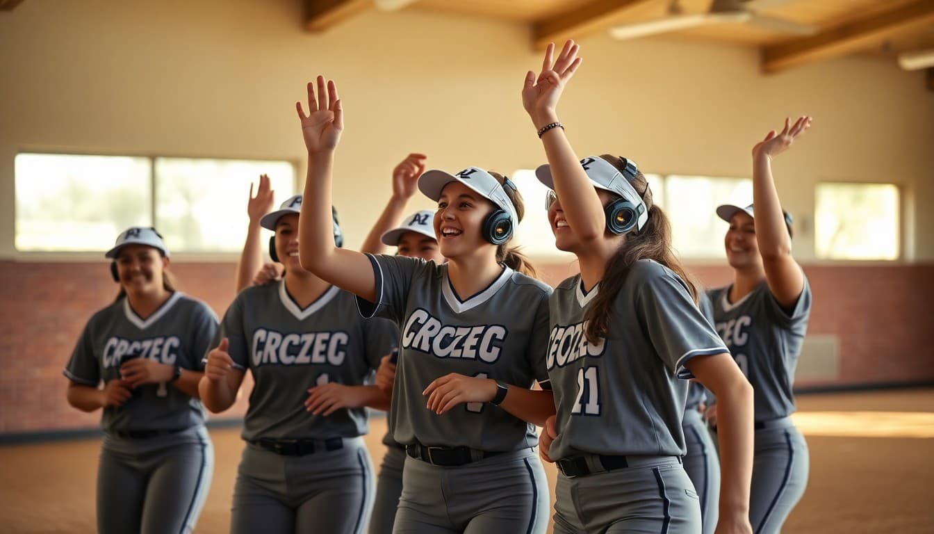 Softball team celebrating after a win on the opening day of spring season
