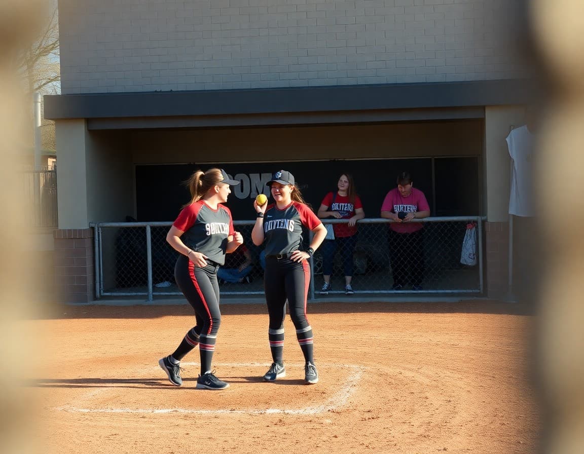Softball players doing final fall scrimmage with coaches watching from dugout