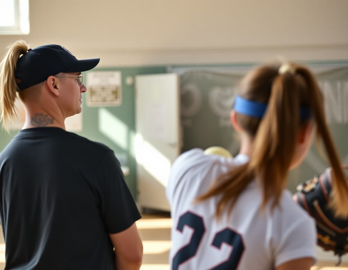 Softball coach timing a pitcher at fall conditioning practice