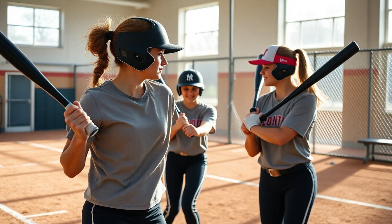 Softball players in fall conditioning batting practice session in September