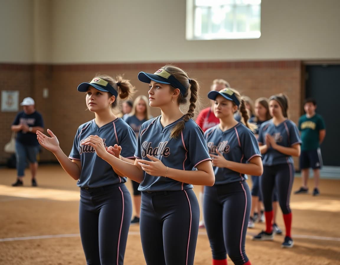 High school softball players warming up at opening practice with families in background