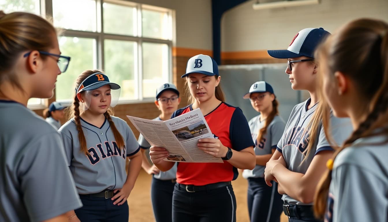 Softball team at practice with coach distributing season newsletter to players and parents