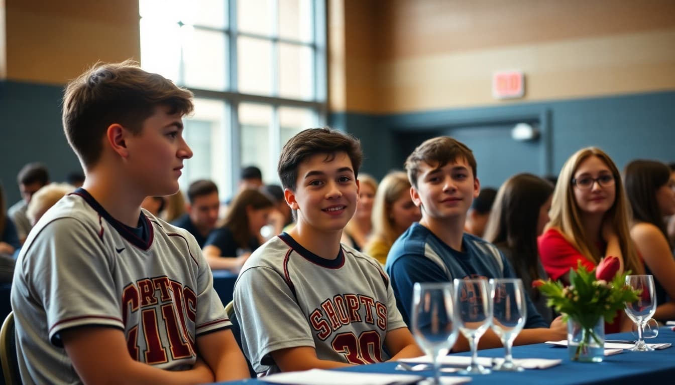 Athletes at end of season sports banquet with awards and celebration with families