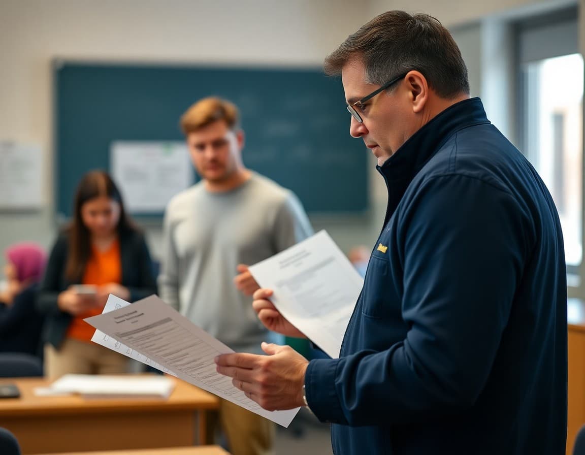 Athletic director reviewing sports physical forms and eligibility checklist at school office