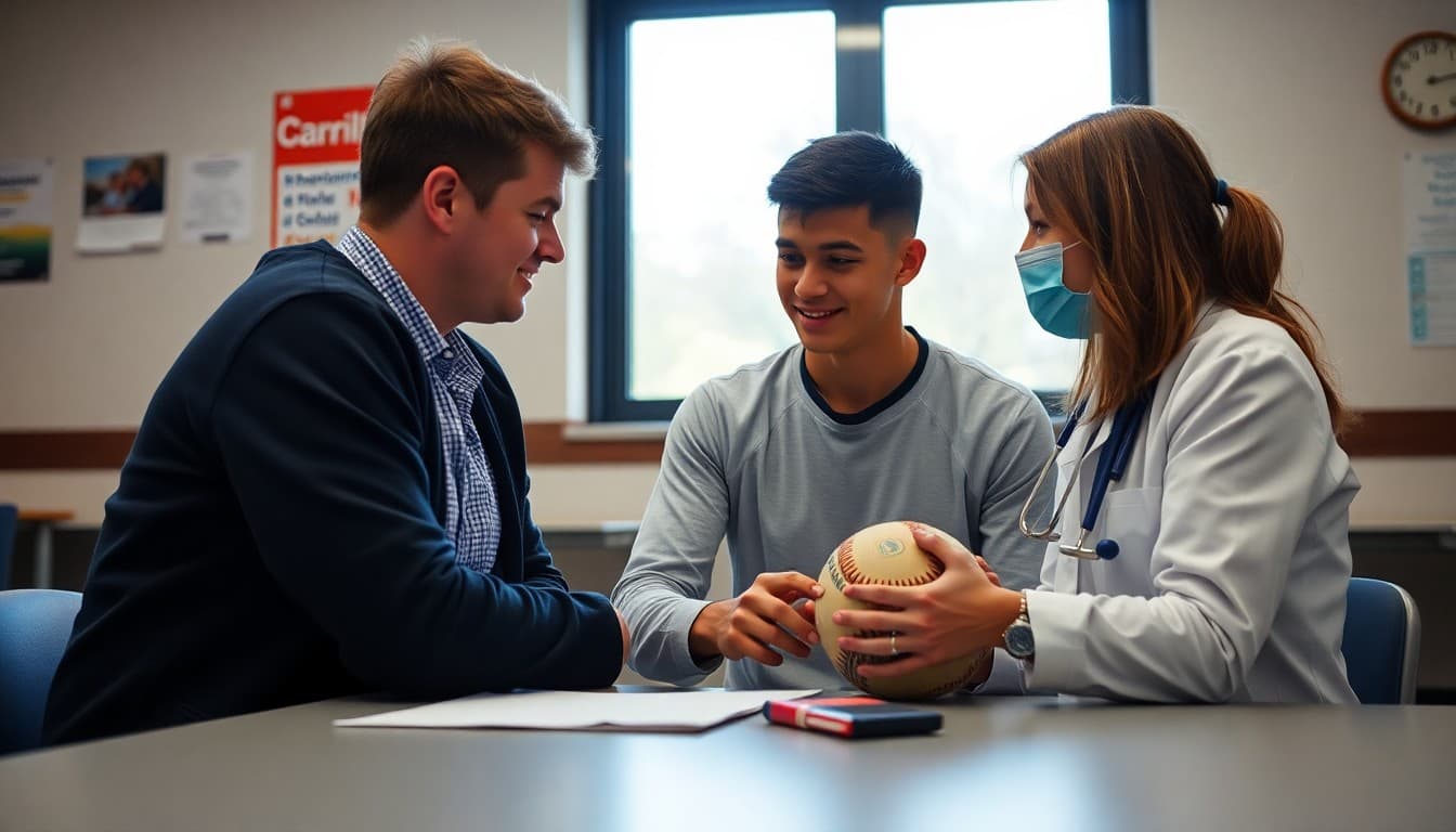 Student athlete completing sports physical requirement with physician before school sports season